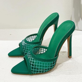 Pointed Toe Thin High Heels Pumps Green Mesh Slippers Summer Fashion Slip On Slides Women